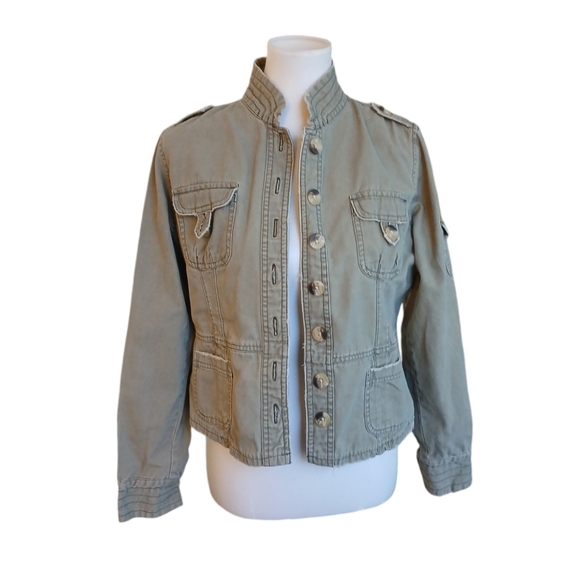 Vintage Jordache Y2K Military Jacket Dstressed Army Green Jean Jacket Sz Small - Picture 1 of 10